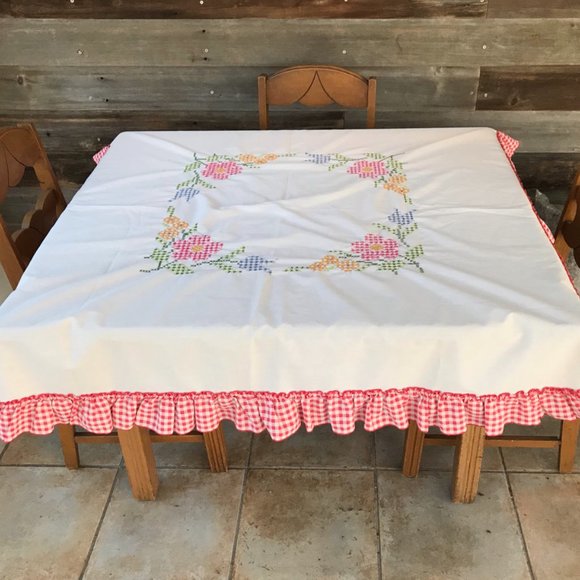 Vintage Other - Vintage White Tablecloth with Pink and Blue Floral Design